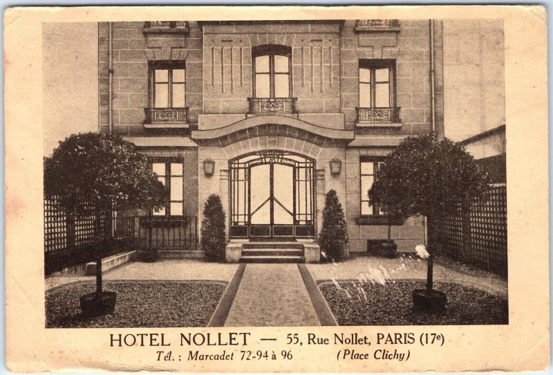 c1930s Paris, France Hotel Nollet Advertising Postcard Stone Place Clichy A121