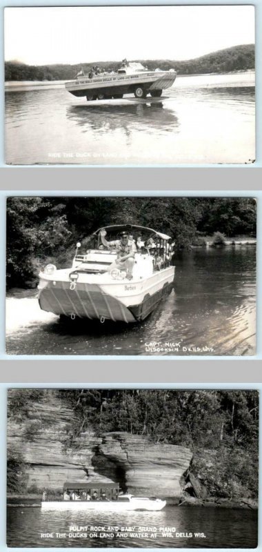 3 RPPC Postcards WISCONSIN DELLS Captain Nick RIDE THE DUCKS ca 1950s