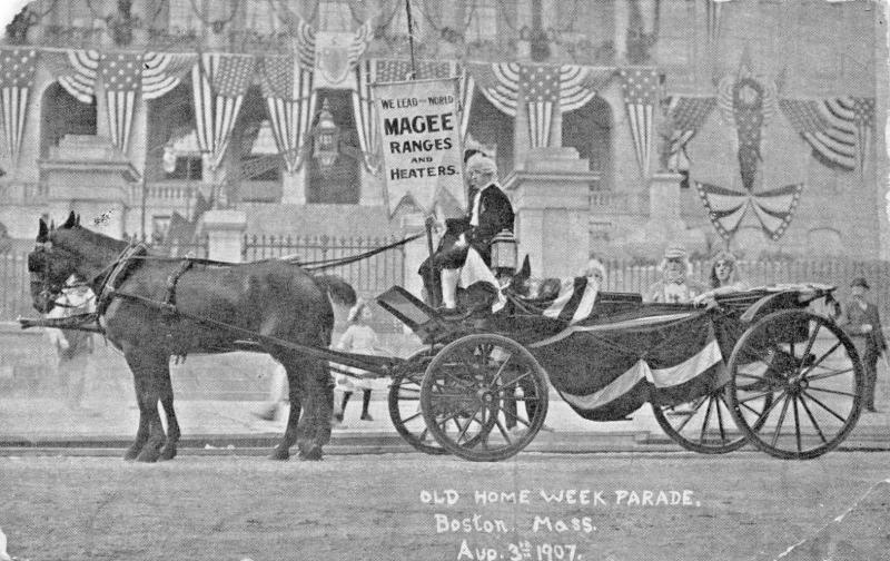 BOSTON MA~OLD HOME WEEK PARADE 1907 POSTCARD~MAGEE RANGES & HEATERS FLOAT