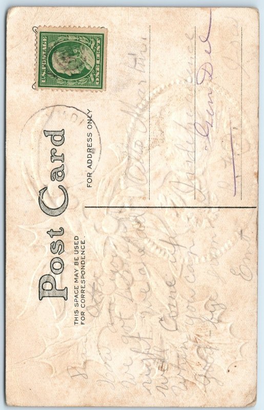 c1910s Christmas Greetings Gilt Back Old Wizard Santa Claus Robe Postcard A279