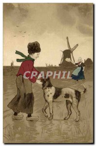 Old Postcard Fantasy Illustrator Child Dog Folklore Windmill