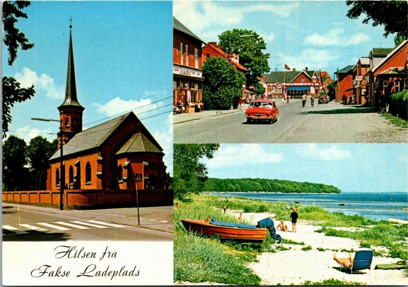 Postcard Denmark Hilsen Fra Fakse Ladeplads Church Beach Gas Station 1970s K56