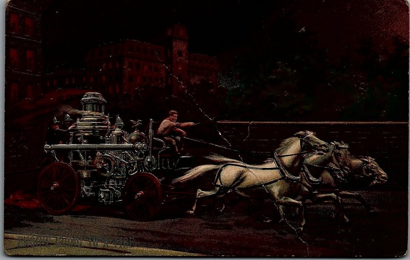 c1910 HORSE DRAWN FIRE ENGINE GOING TO THE FIRE HEAVILY EMBOSSED POSTCARD 14-55 