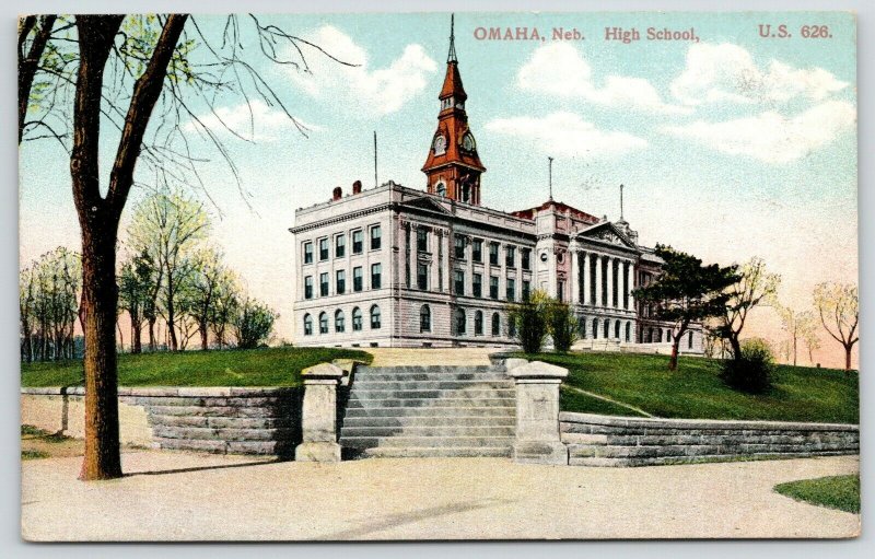 Omaha Nebraska~Old High School~Victorian Clock Tower~Lawn Retaining Wall~1910 