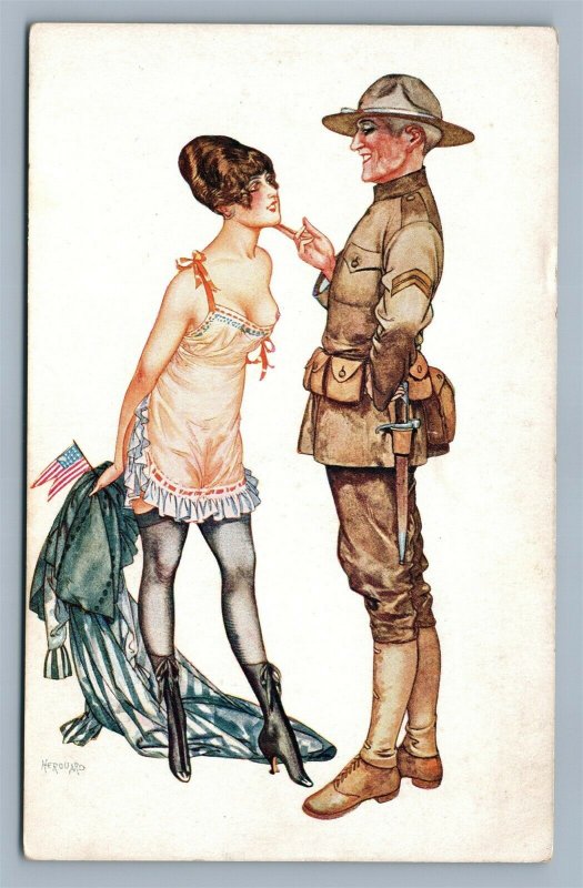 SOLDIER & GIRL w/ AMERICAN FLAG RISQUE ANTIQUE POSTCARD 