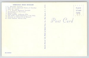 State View~Greetings From Missouri Map~Show Me State~Composite~Vintage Postcard