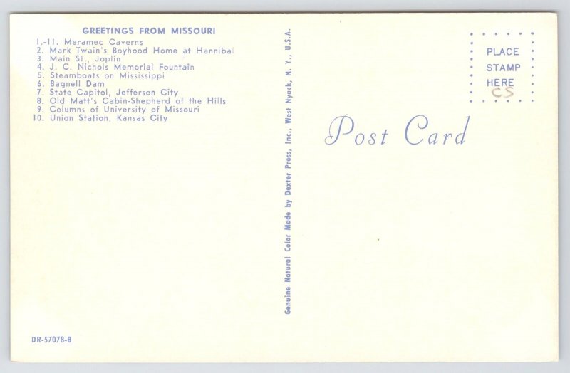 State View~Greetings From Missouri Map~Show Me State~Composite~Vintage Postcard