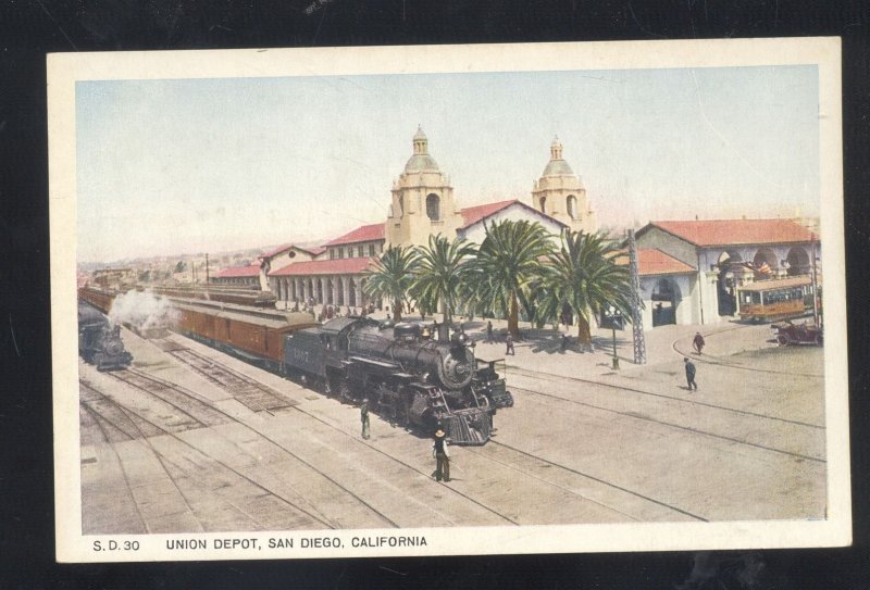 SAN DIEGO CALIFORNIA UNION RAILROAD DEPOT TRAIN STATION VINTAGE POSTCARD