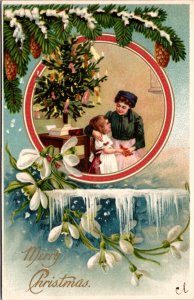 Christmas Postcard Mother and Daughter Decorated Tree Pine Branch Flowers