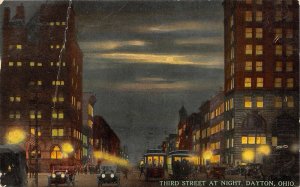 Dayton Ohio 1912 Postcard Third Street At Night Streetcars