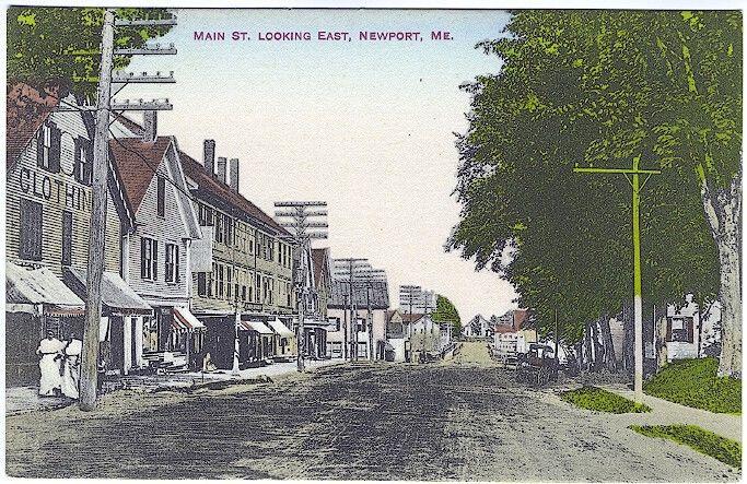 Newport ME Main Street Storefronts Wagons Vintage Postcard