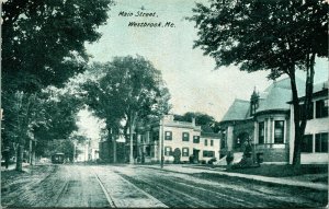 Vtg Postcard UDB C 1910 Westbrook ME - Main Street Dirt street View w Trolly