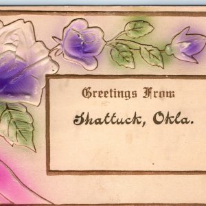 c1910s Shattuck, Okla Greetings Embossed Floral Gilt Type Love Postcard OK A172