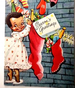 Christmas Greeting Card Little Girl Stockings Tree Vintage Mid Century Modern