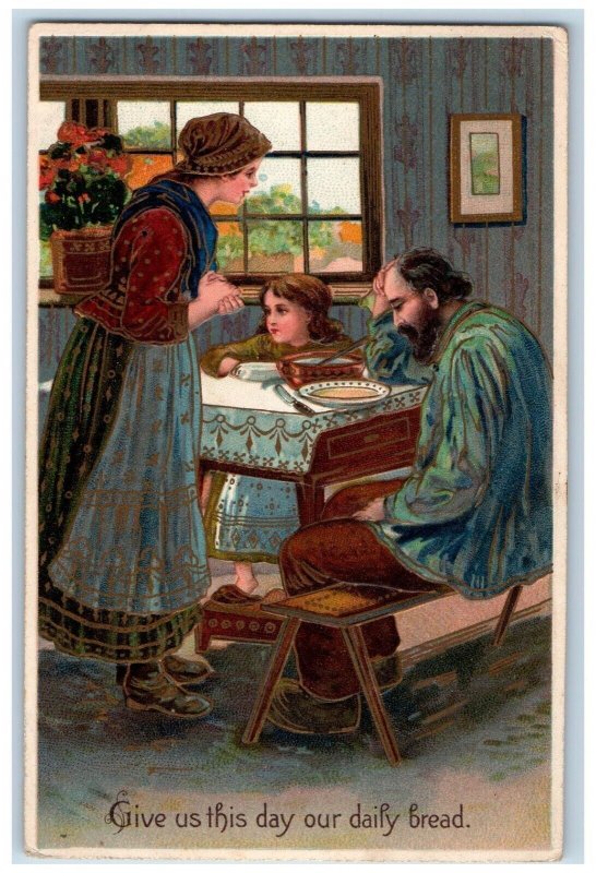 c1910's Family Praying Before Eating Give Us This Day Our Daily Bread Postcard