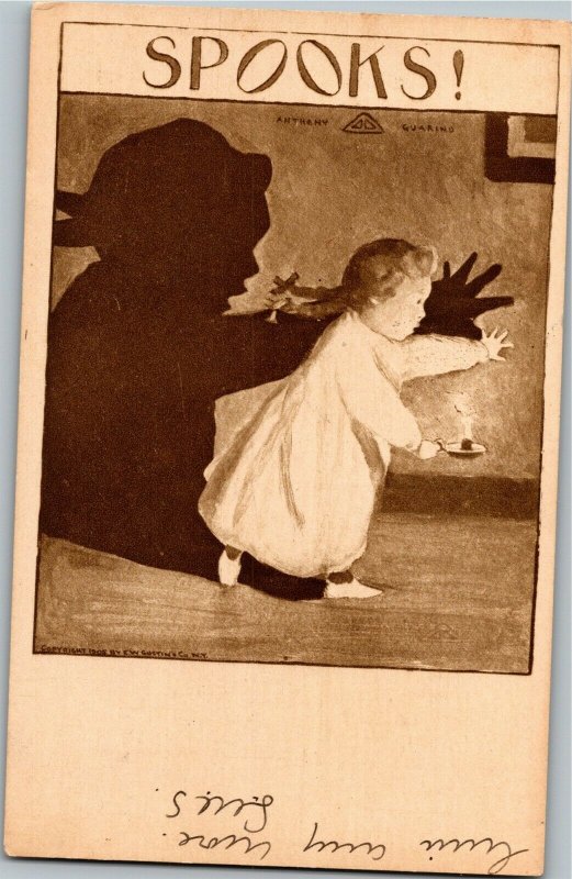 Spooks! Little Girl With Candle Scared by Her Shadow c1909 Vintage Postcard A32