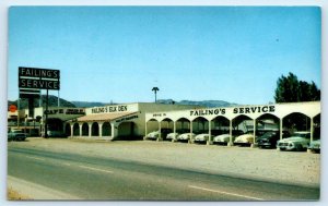 BAKER, CA California ~ FAILING'S SERVICE & Elk Den c1950s Cars Roadside Postcard