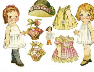 Paper Dolls / accessories cut from magazine – Drayton ?