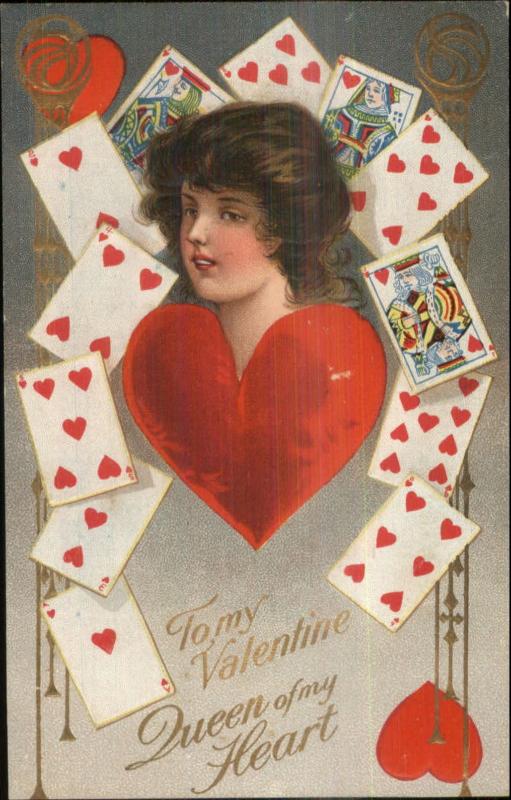 Beautiful Woman Playing Cards Motif Queen of my Heart c1910 Postcard