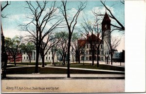 Postcard NY Albany New York High School State House and City Hall