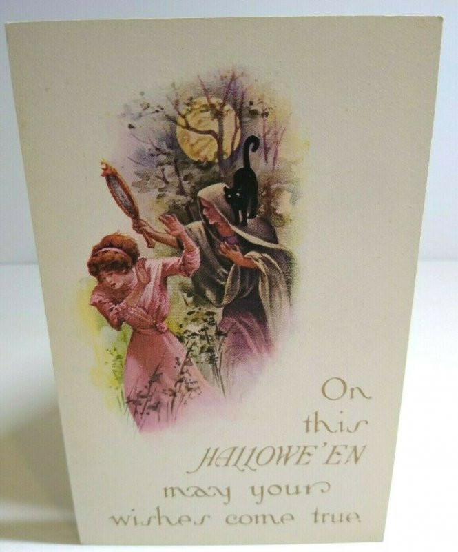 Vintage Halloween Postcard Witch Holding Mirror Black Cat Gibson Unused Original