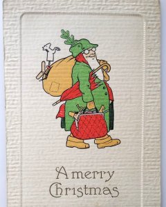 Christmas Postcard Gnome Santa Dressed In Green Coat Woehler Fantasy German 1911