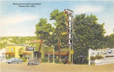 REDWOOD INN Garberville, CA Roadside Hotel & Motel ca 1940s Linen Postcard