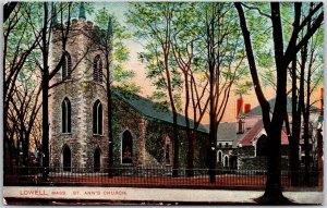 Lowell Massachusetts MA Saint Ann's Church Trees & Building Landmarks Postcard