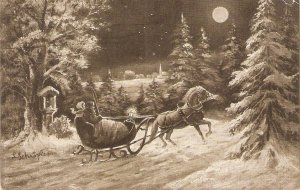 Winter landscape. Hose pulled sledge Old vintage French postcard