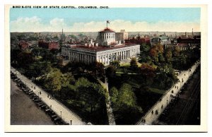 Antique Birds Eye View of State Capitol, Old Cars, Columbus, OH Postcard