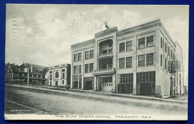 The Elks opera House Prescott Arizona az postmarked 1910 flag cancel postcard