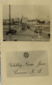 curacao, N.A., Happy New Year, Pontoon Bridge, KNSM Building 1949 RPPC Postcard