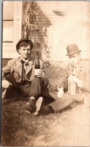 Real Photo Postcard RPPC Men Drinking Wine On Grass Top Hat 1900-1910 JC14
