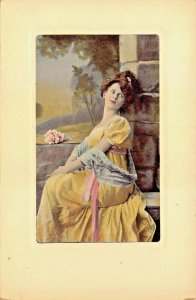 BEAUTIFUL WOMAN IN MULTI COLOR LONG DRESS~LOT OF 4 ARTCHROM SERIES POSTCARDS