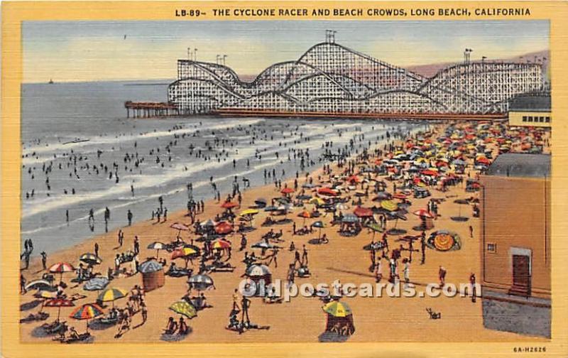 Long Beach, California, CA, USA Postcard The Cyclone Racer and Beach Crowds 1953