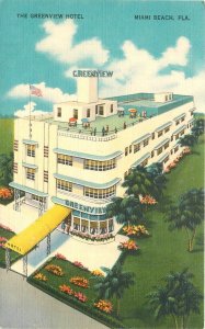 Postcard 1940s Florida Miami Beach Greenview Hotel Aerial View linen 23-12321