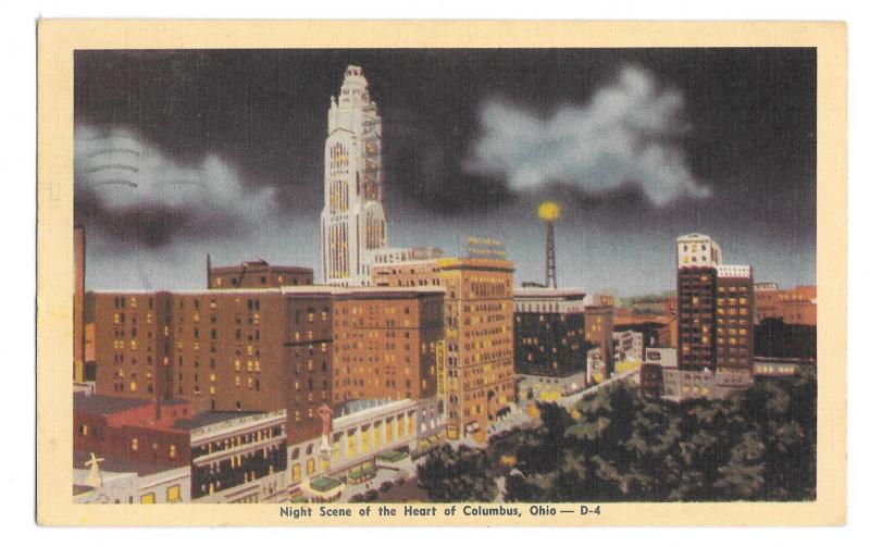 Columbus Ohio Night Scene Heart of the City Vintage Linen Postcard