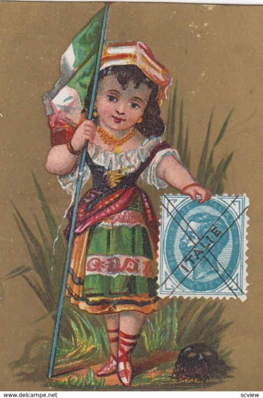 Trade Card (TC): Stamp & Girl carrying Flag , 1880-90s ; Italy