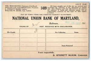 1917 National Union Bank of Maryland Baltimore MD Savannah GA Postal Card