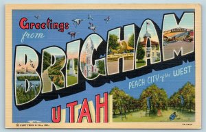 Postcard UT Large Letter Greetings From Brigham Utah Vintage Linen P9