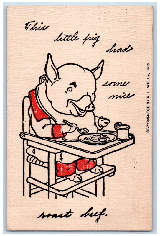 c1910's Three Little Pigs Nursery Rhyme Eating Food Posted Antique Postcard 