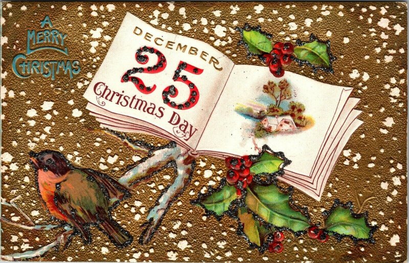 VTG 1910's Holly Berries Bird Gold Embossed Merry Christmas Calendar Postcard