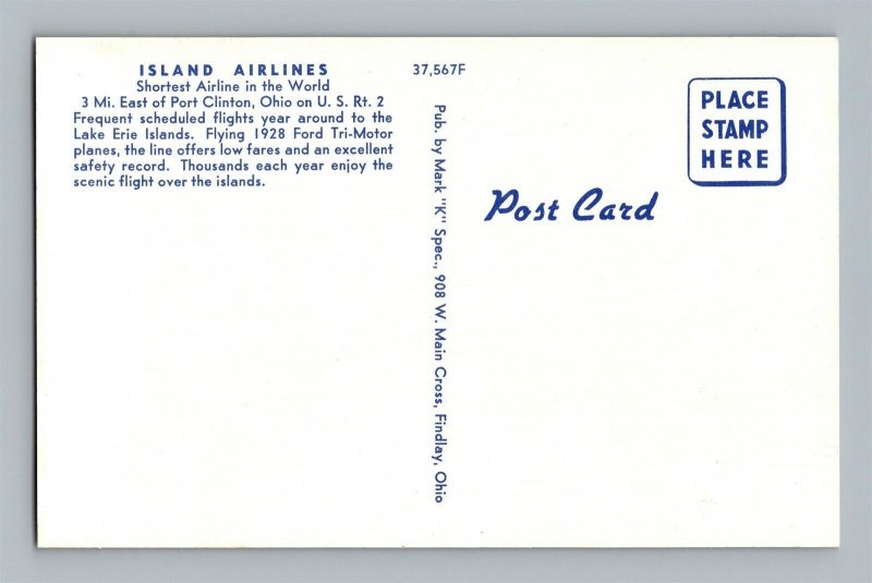 Airplane Postcard Island Airlines Port Clinton OH Ford Tri Motor W7