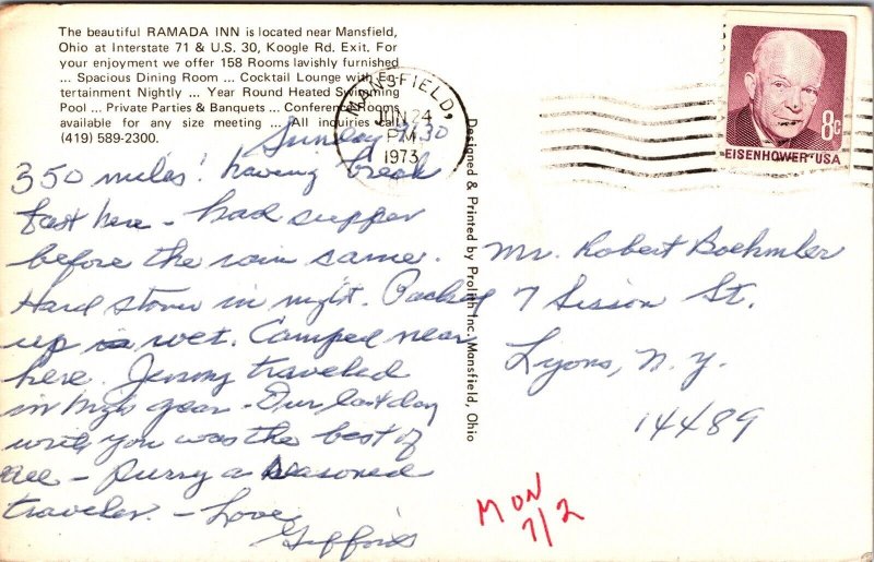 Ramada Inn Mansfield Ohio I 71 US 30 Koogle Rd Postcard Cancel PM 1973 PM WOB 