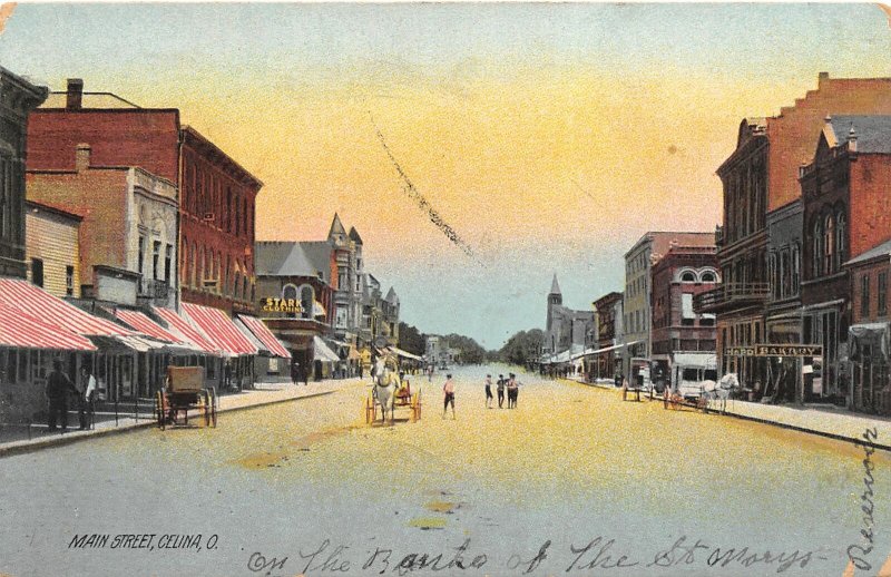 F59/ Celina Ohio Postcard 1909 Main Street Stores Kids Buggy 