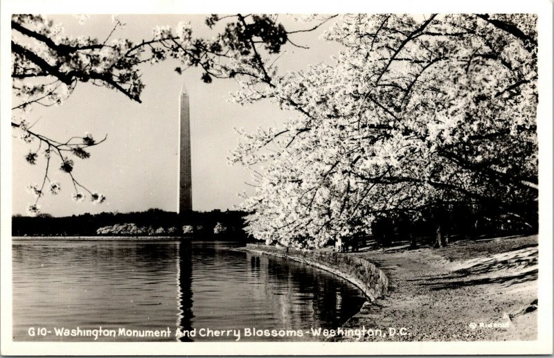 Vtg 1930s Washington Monument and Cherry Blossoms DC RPPC Real Photo Postcard