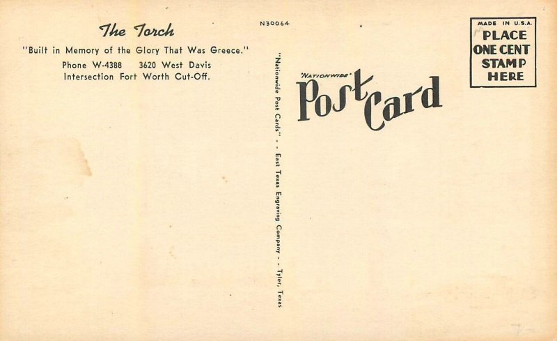 Postcard 1940s Texas Fort Worth The Torch of Acropolis Restaurant auto 23-12682