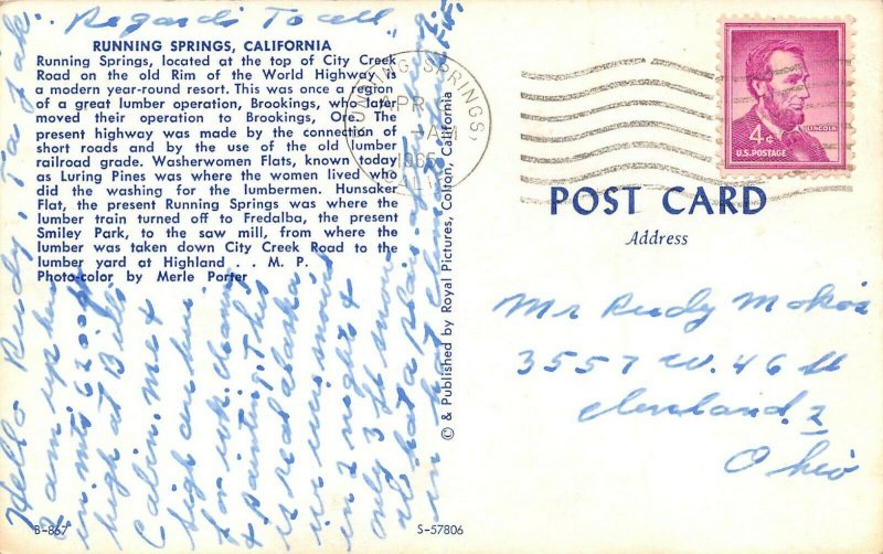 LP86 Running Springs California Postcard Old Cars truck 