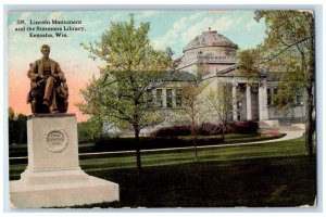 1916 Lincoln Monument and the Simmons Library, Kenosha Wisconsin WI Postcard 