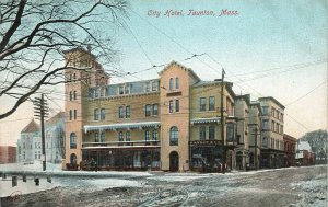 Taunton MA City Hotel and Hanson & Co. Storefront Postcard